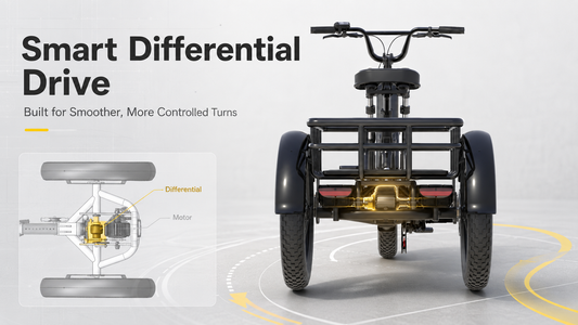 Electric trike illustration displaying smart differential drive enabling stable, controlled cornering.