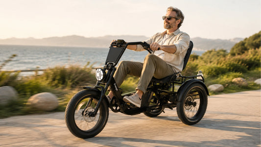 Rider enjoying laid-back trip on FlekTrike Pro electric trike for daily comfort beside the ocean at sunset.