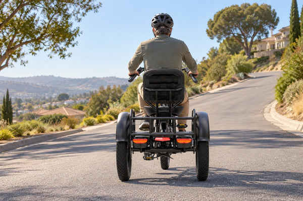 A rider climbs a quiet California neighborhood road on the FlekTrike Pro All-Terrain Tilting eTrike, an electric trike for California hills.