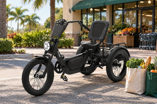 FlekTrike Pro All-Terrain Tilting eTrike parked outside a Florida grocery store for electric trike for Florida grocery runs.
