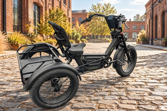 FlekTrike Pro All-Terrain Tilting eTrike with electric trike full suspension displayed on a weathered cobblestone street.