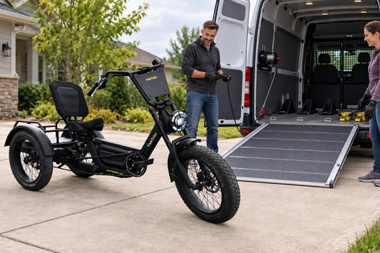 Two adults prepare the FlekTrike Pro All-Terrain Tilting eTrike for electric trike transportation using a cargo van, wide ramp, wheel stops, straps, and loading equipment.
