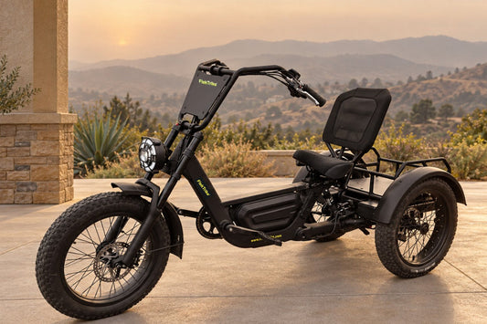 FlekTrike Pro All-Terrain Tilting eTrike parked under cover for an electric trike wildfire smoke guide.