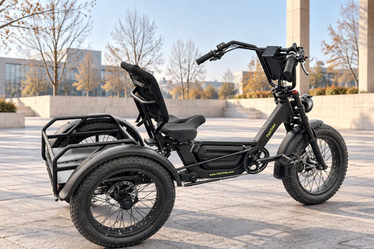 FlekTrike Pro All-Terrain Tilting eTrike shown on a modern plaza for electric trike rider height guidance.
