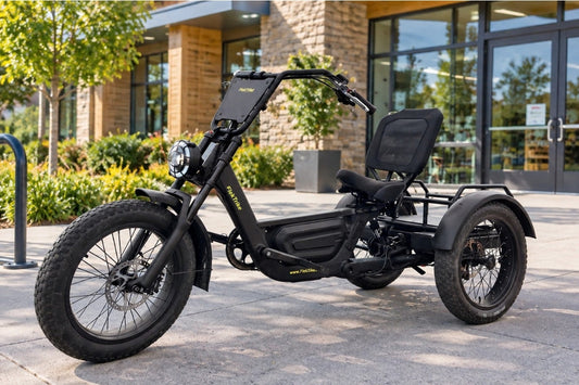 FlekTrike Pro parked beside fixed bike racks, illustrating how to secure an electric trike in a visible public parking area.