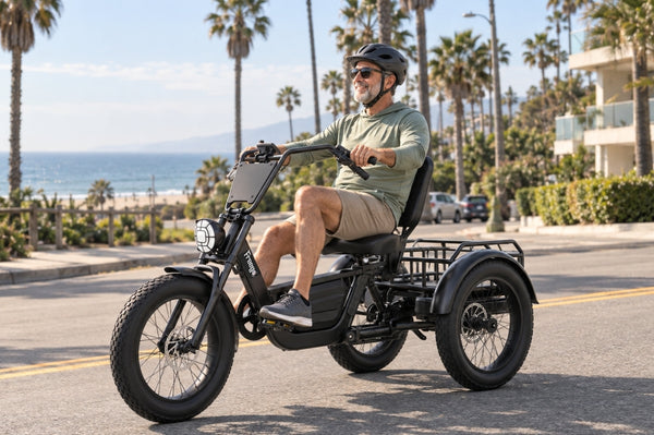 A rider explores Los Angeles on the FlekTrike Pro All-Terrain Tilting eTrike along a quiet coastal neighborhood road.