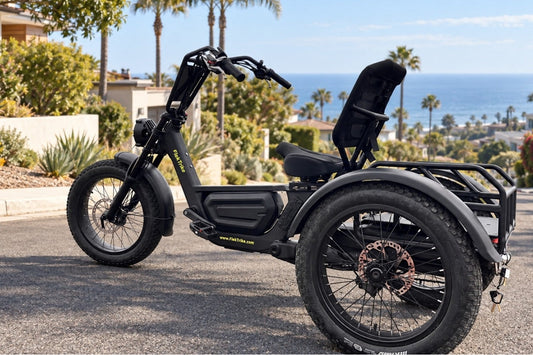 The FlekTrike Pro All-Terrain Tilting eTrike is parked along a quiet coastal neighborhood road in Los Angeles.