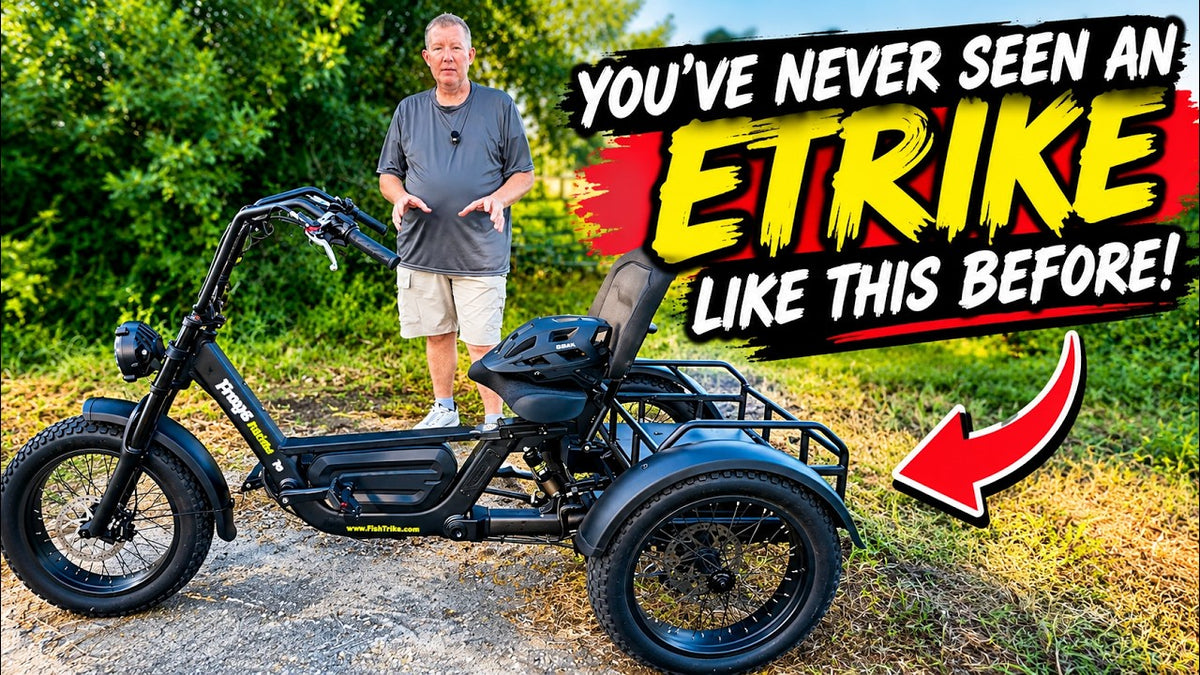 Man standing beside a black three-wheeled electric trike on a stone path with green foliage, with a red arrow pointing to the vehicle.