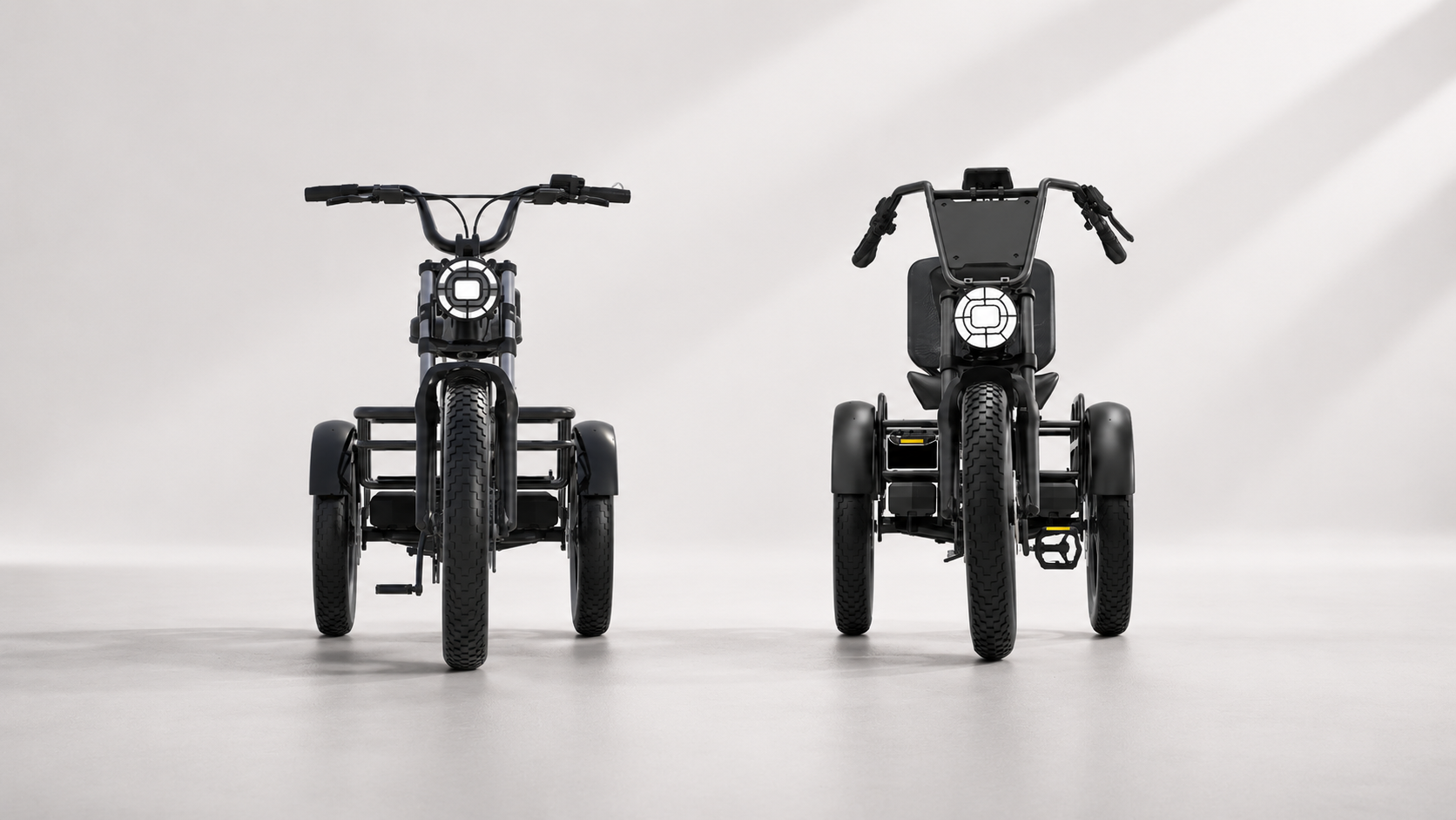 FlekTrike Pro and Swing electric trikes front view side by side