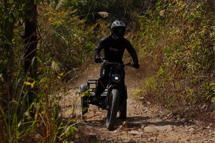 Person riding a flektrike swing on a dirt path through a forest