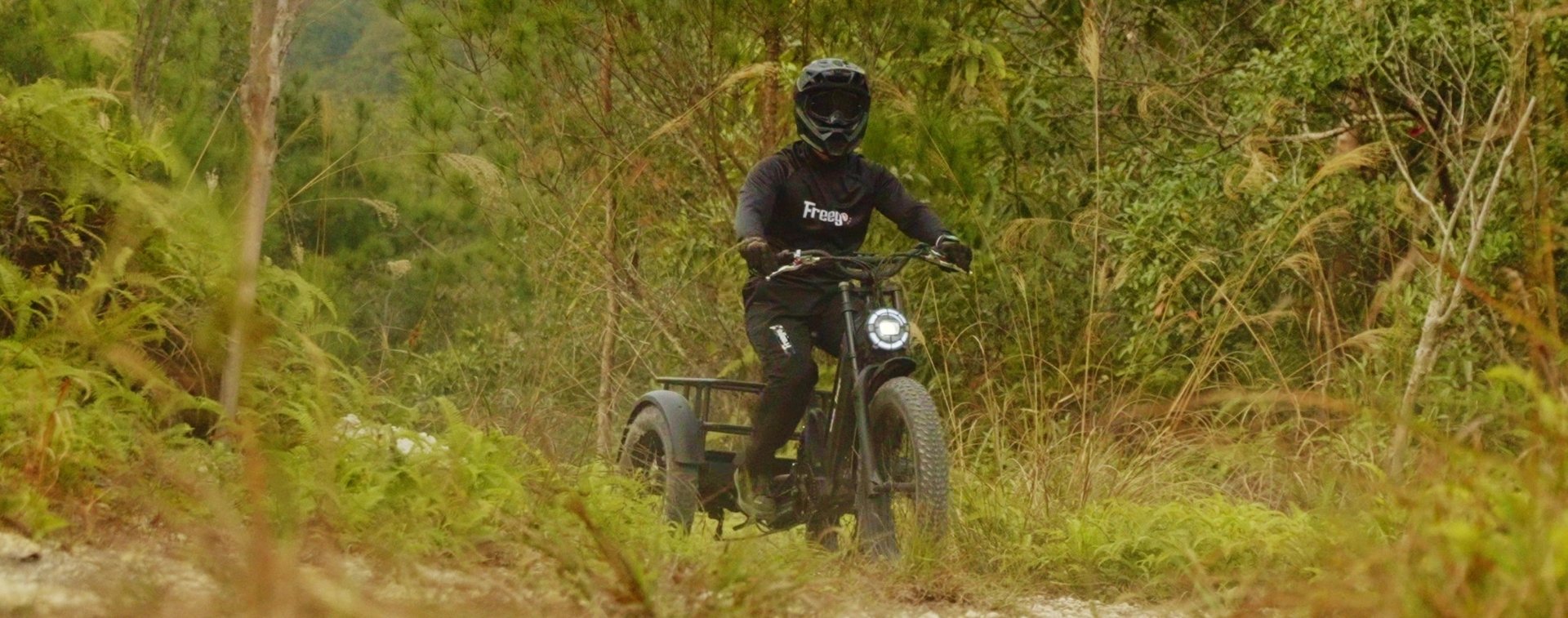 Person riding a flektrike swing through a forest