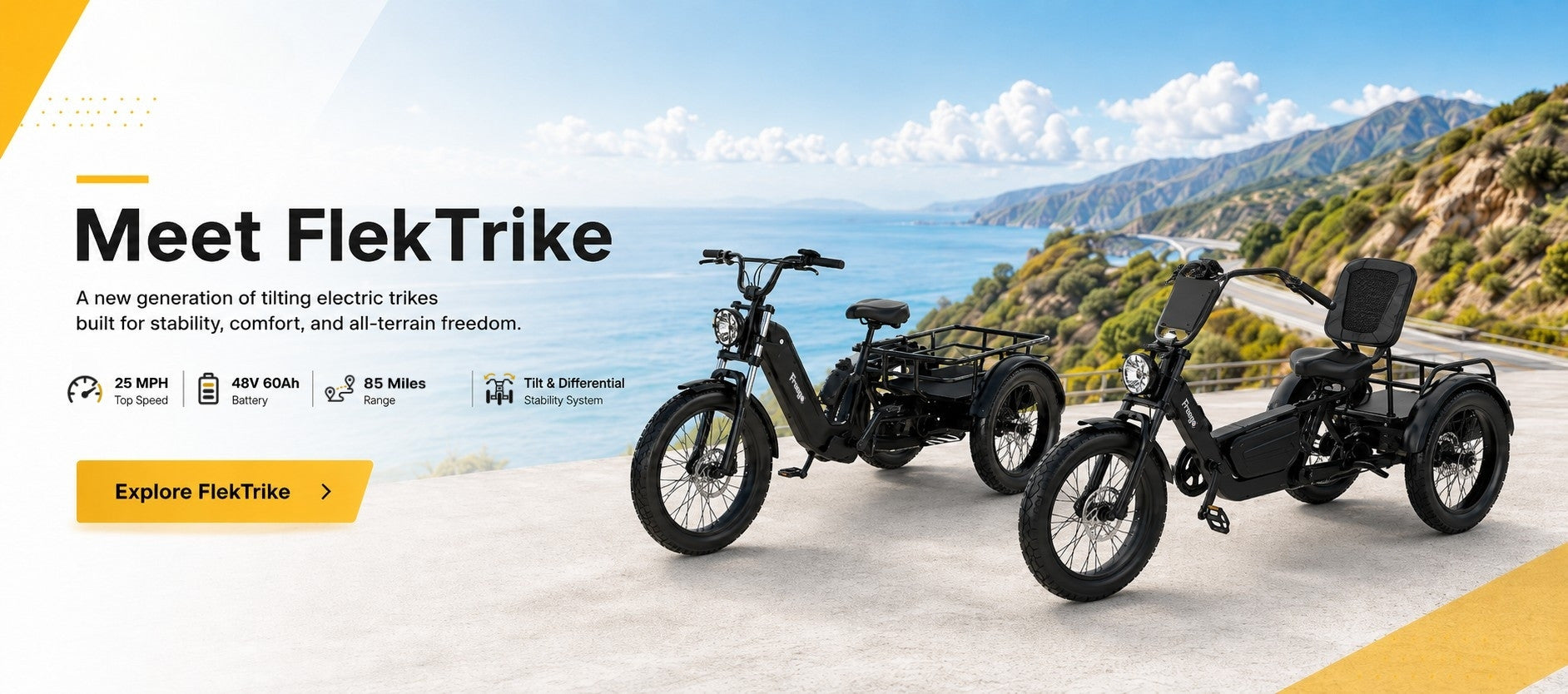 Two black FlekTrike electric trikes are shown outdoors on a coastal road with mountains and ocean in the background. Promotional text on the left reads 'Meet FlekTrike' with feature icons and an orange 'Explore FlekTrike' button.
