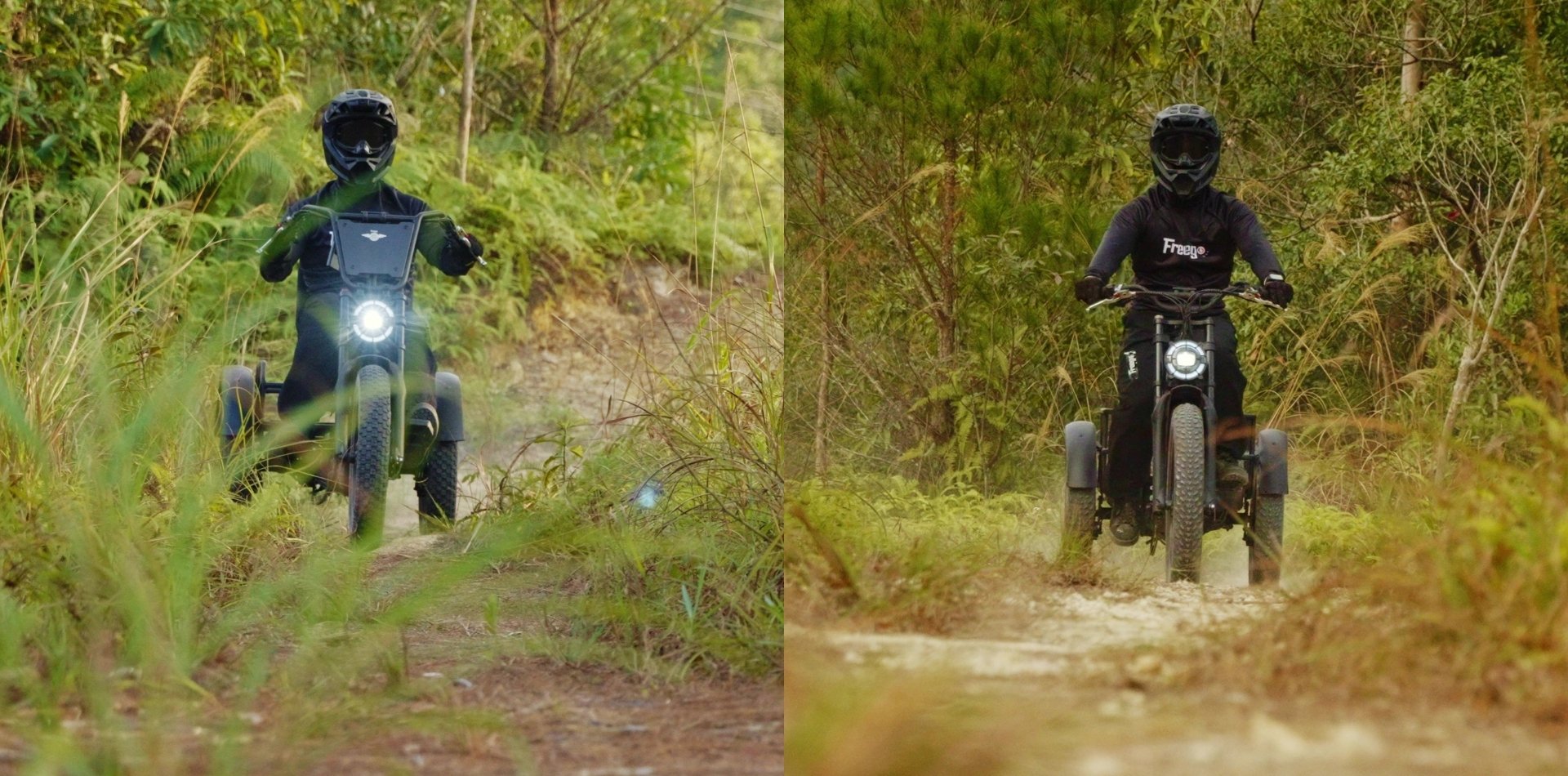 Two images side by side showing a person riding flektrike on a dirt path through a forest.