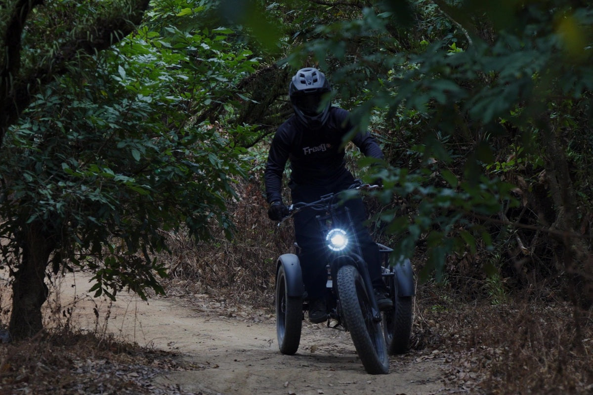 Person riding a flektrike swing through a forest path