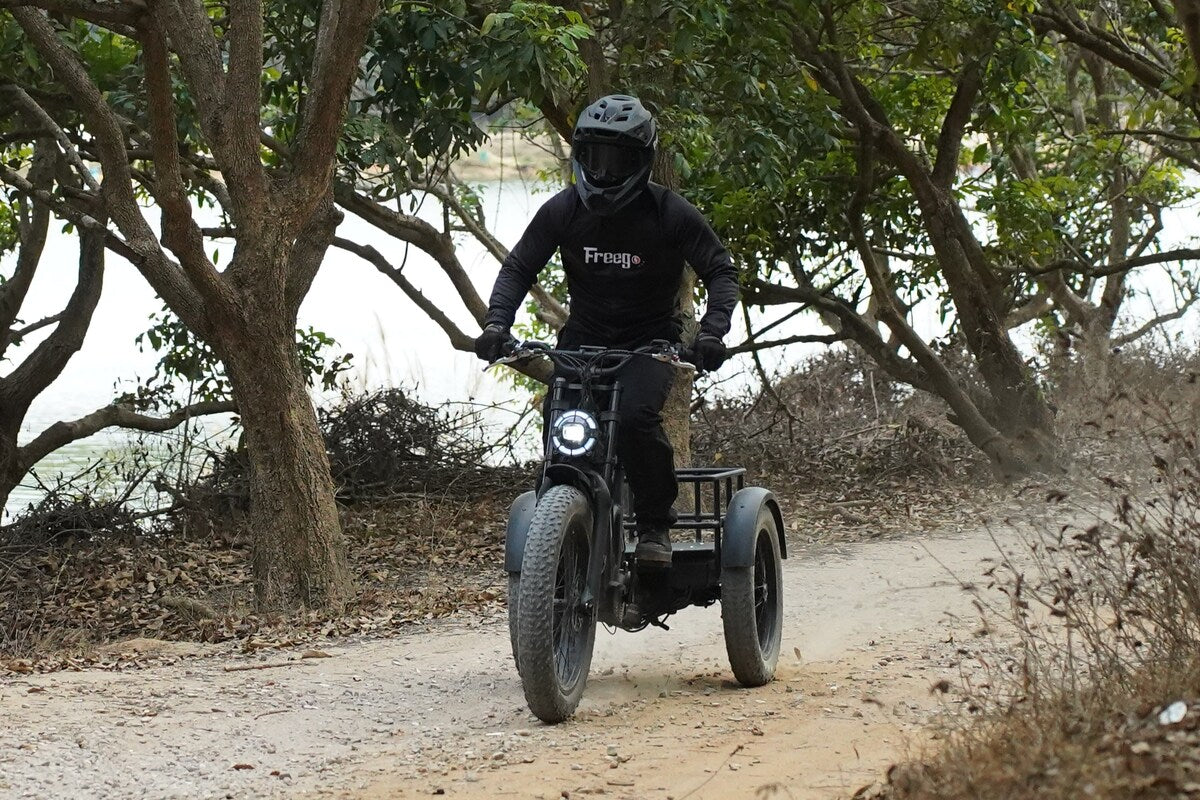 Person riding a flektrike swing on a dirt path with trees and natural surroundings.