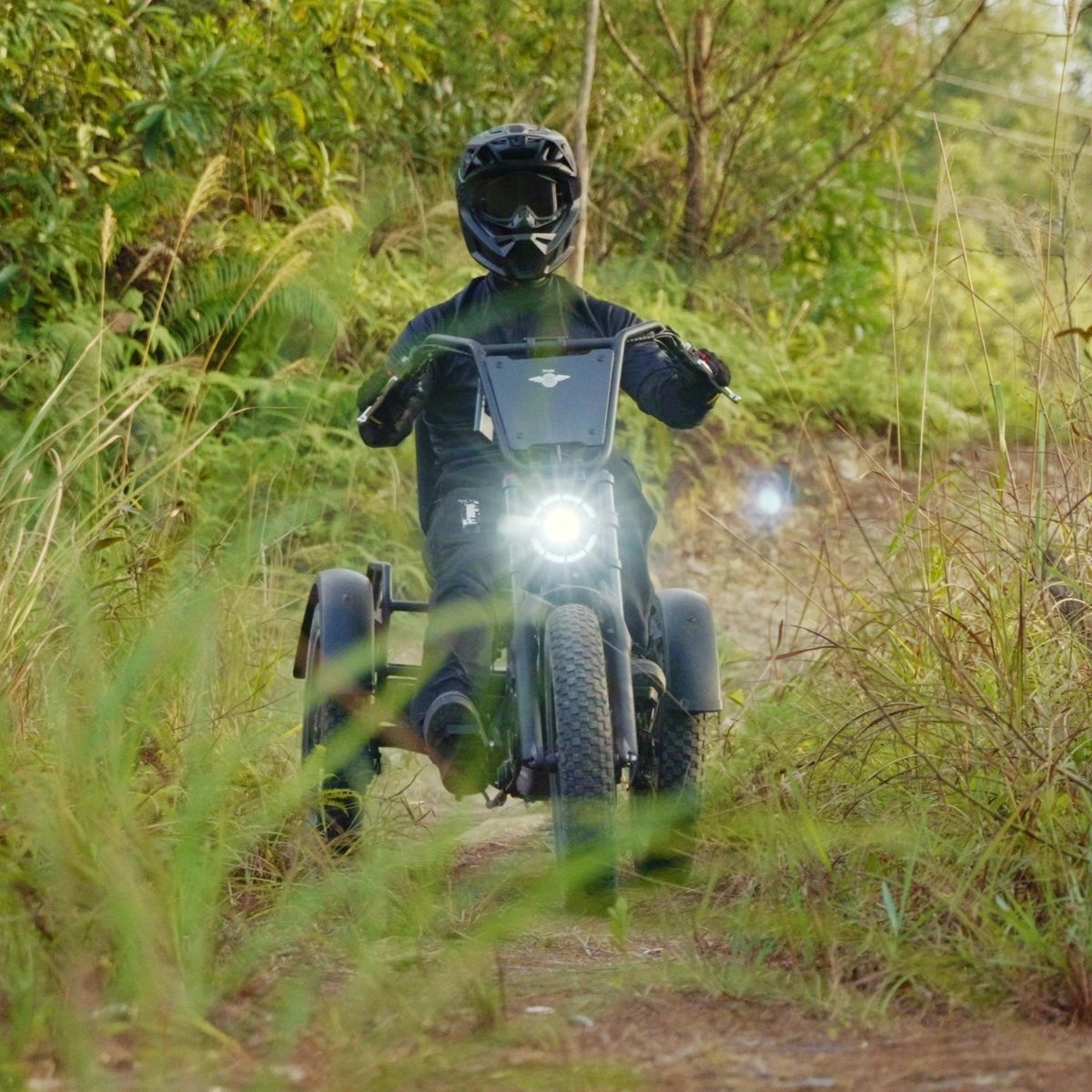 Person riding a freego flextrike pro on a dirt path surrounded by greenery