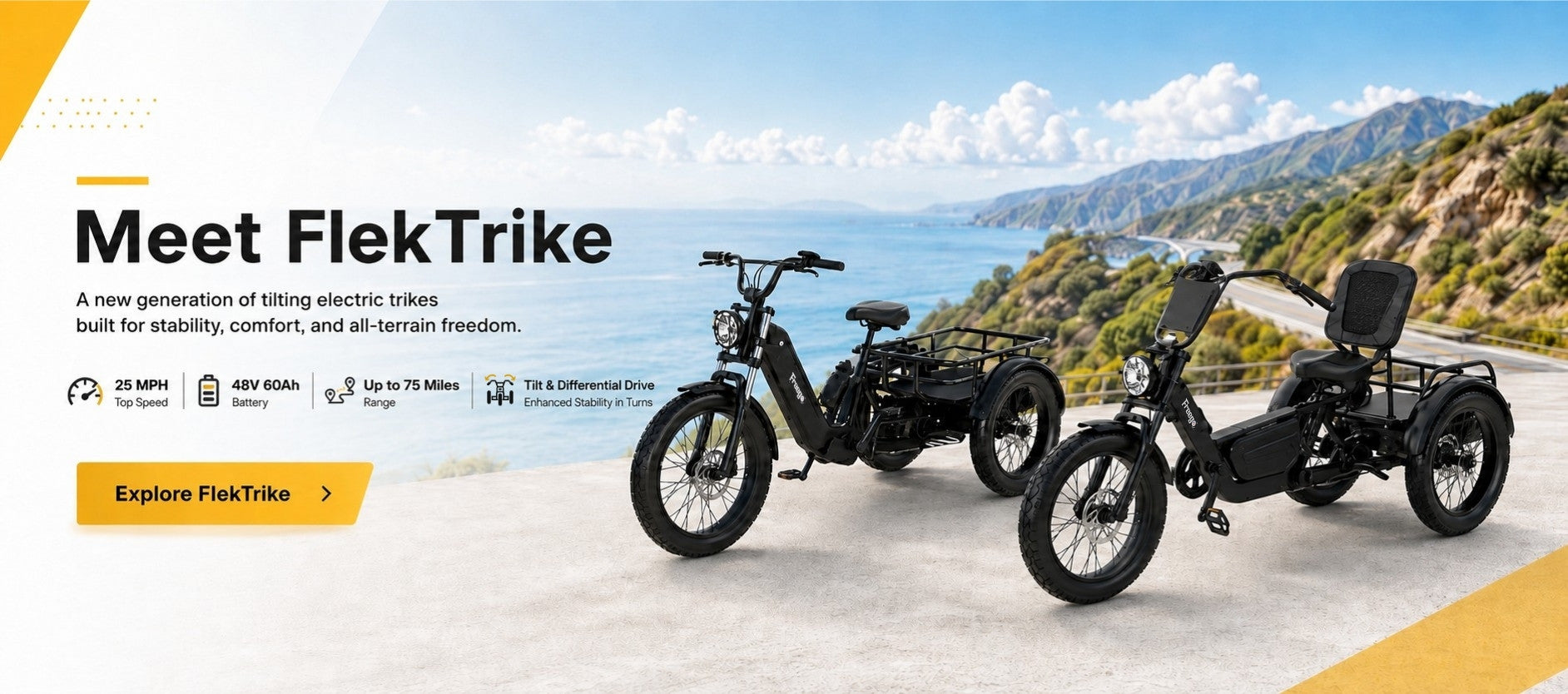 Meet FlekTrike slideshow banner with bike riding on road