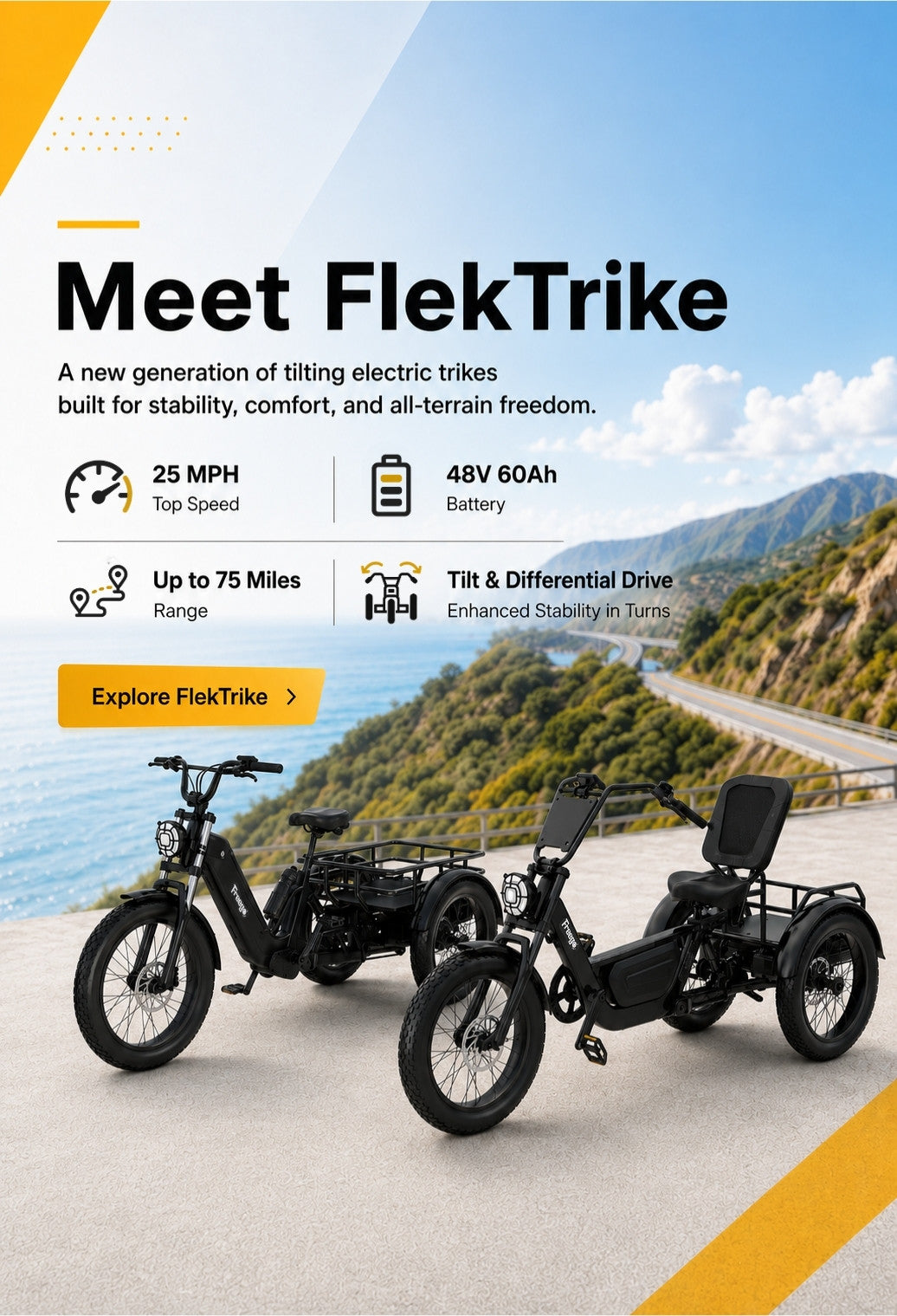 Meet FlekTrike slideshow banner with bike riding on road