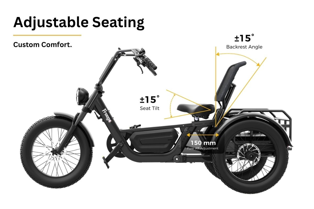 Side-profile diagram of the FlekTrike Pro highlighting adjustable seating features: ±15° seat tilt, ±15° backrest angle, and 150 mm fore-aft seat adjustment.
