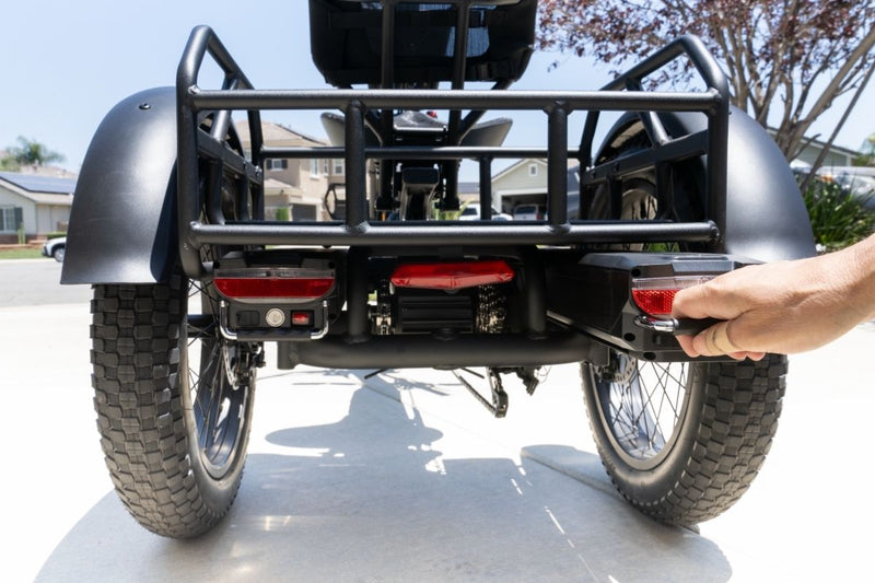 Close-up of the battery on the FlekTrike
Pro All-Terrain Tilting eTrike.