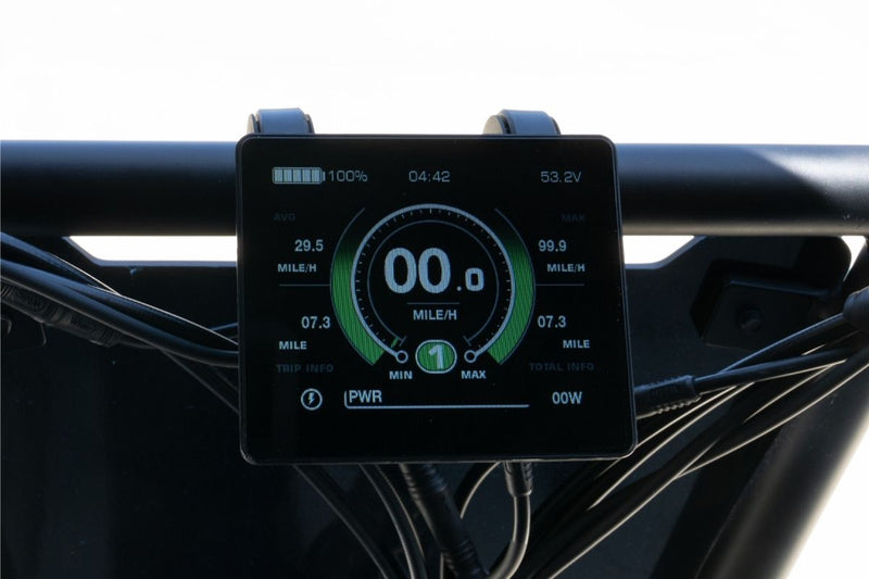 IPS display on the handlebars of the
FlekTrike Pro All-Terrain Tilting eTrike.
