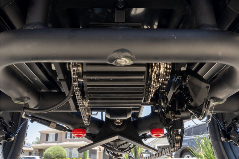 Underside view of the motor of the
FlekTrike Pro All-Terrain Tilting.