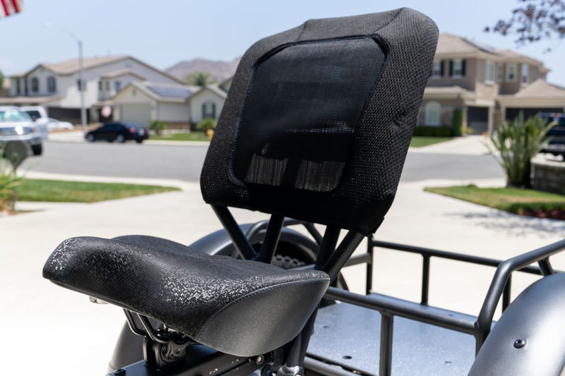 Semi-recumbent seat on the FlekTrike Pro All-Terrain Tilting eTrike.