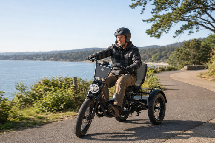 A man wearing a black helmet and jacket rides a black electric tricycle with a rear passenger seat along a paved path next to a lake, with trees and hills in the background.