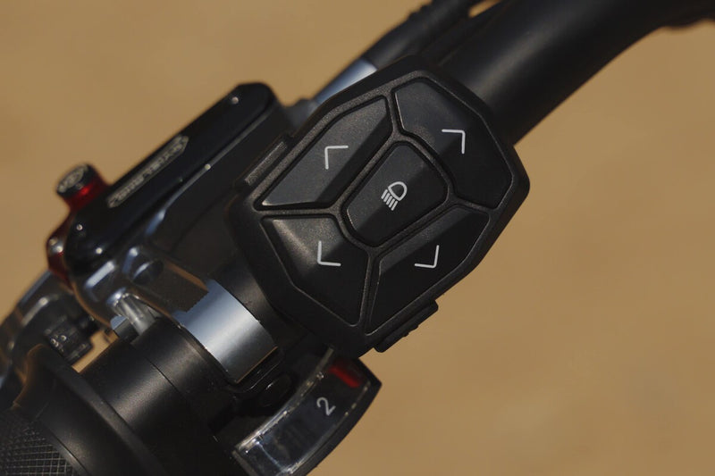Close-up of freego flextrike pro handlebar controls with a blurred background