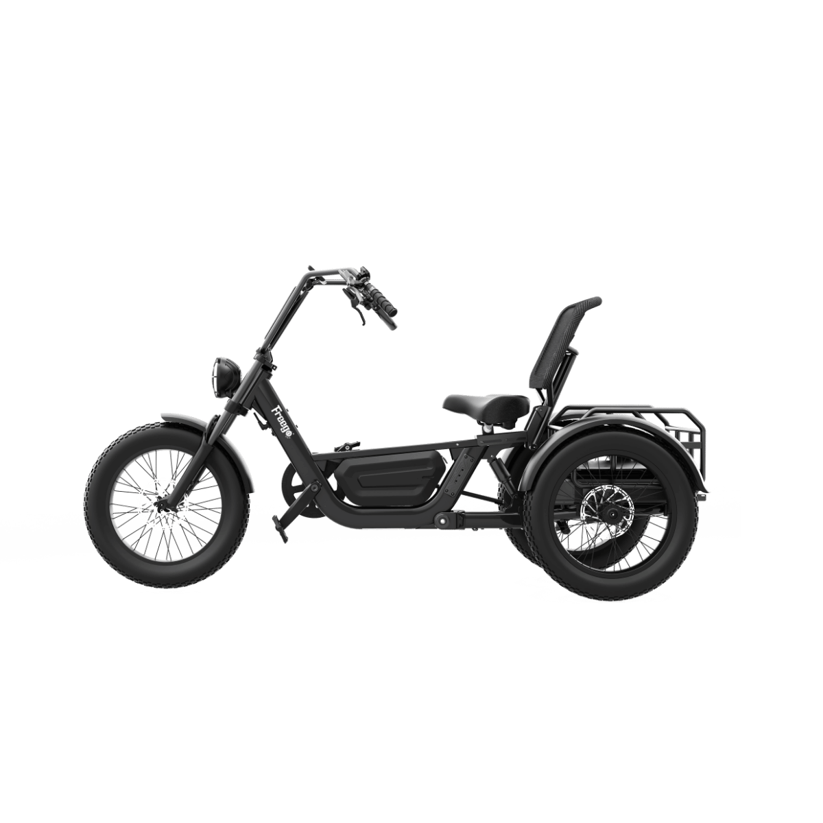FlekTrike Pro All-Terrain Tilting eTrike with backrest in direct side profile on white background, showing the frame, tires, integrated battery, upright seat with backrest, pedals, and rear rack.