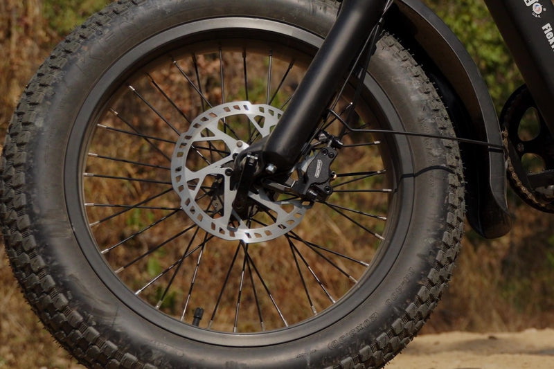 Close-up of a fat tire bicycle wheel with a black tire, black fender, silver disc brake rotor, and black fork, photographed outdoors against a blurred natural background.