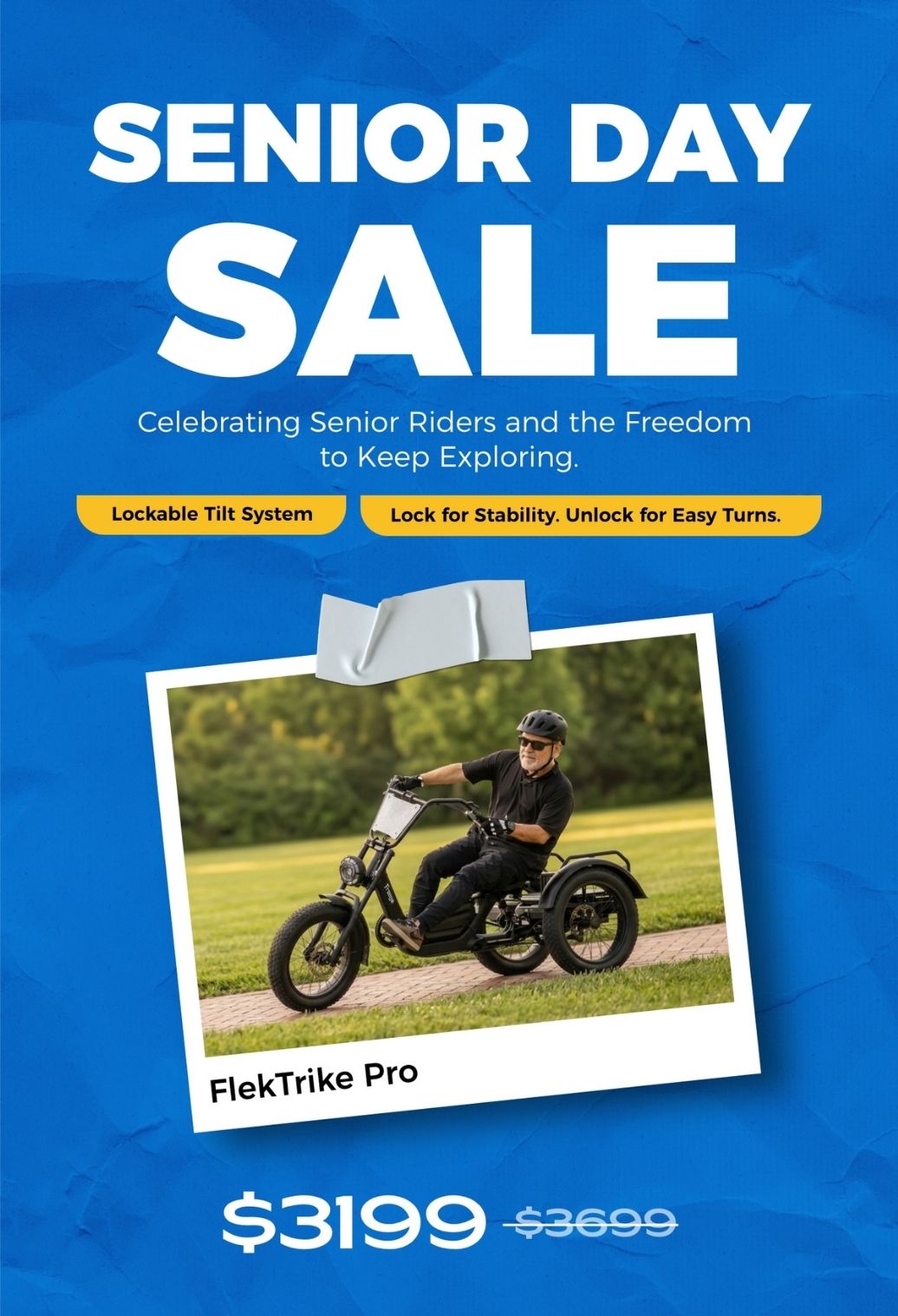 Senior Day Sale vertical banner showcasing the FlekTrike Pro All-Terrain Tilting eTrike at , with "Celebrating Senior Riders and the Freedom to Keep Exploring" headline, Lockable Tilt System feature, polaroid-style senior rider photo, and blue background.